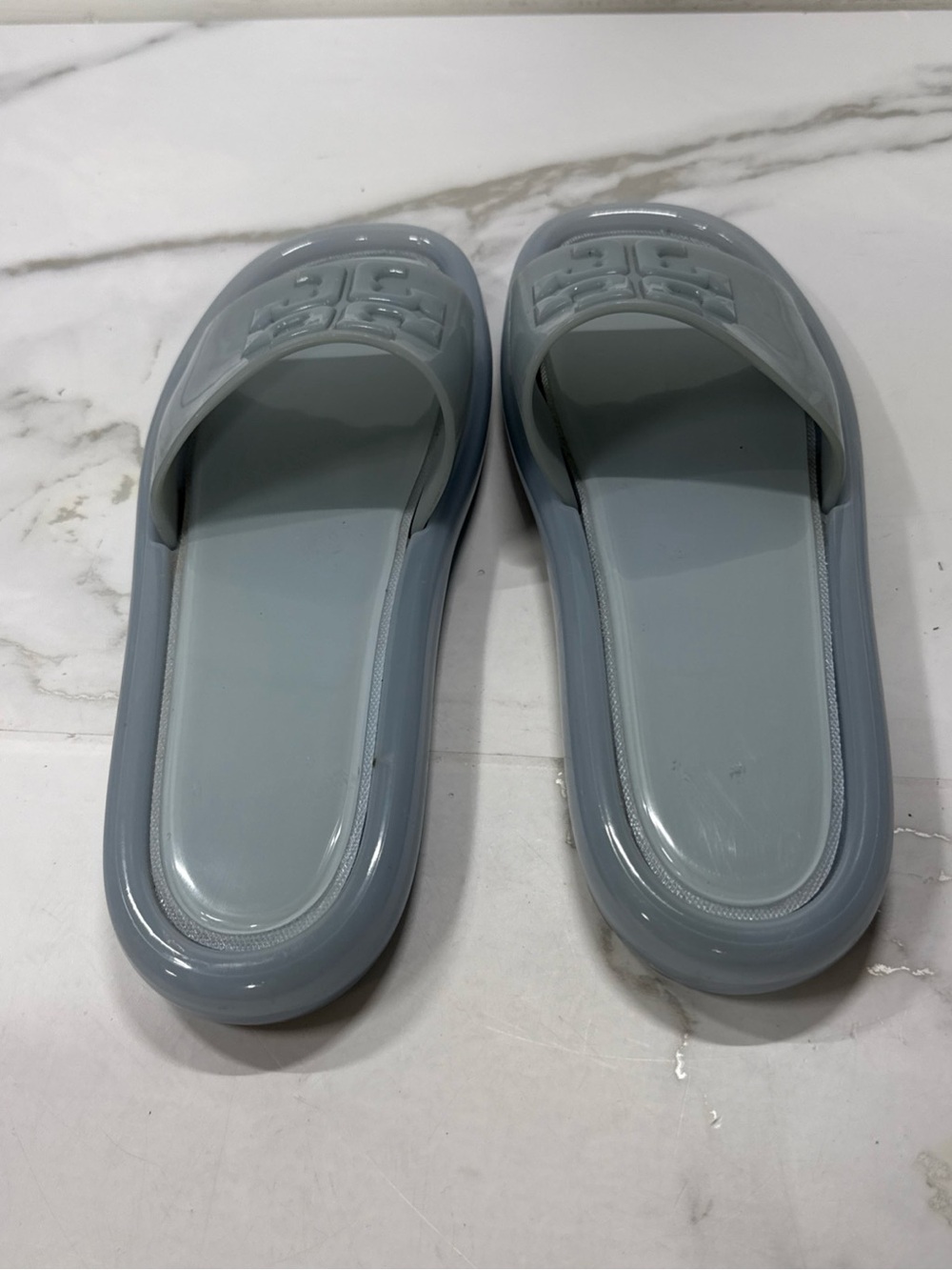 TORY BURCH BUBBLE JELLY SLIDES IN DEW BLUE 10B